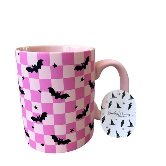 HALLOWEEN SOFT TOUCH COFFEE MUG HOT PINK CHECKERED BATS - BATTY & BEWITCHING NEW - Picture 3 of 12